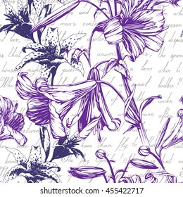Seamless background with lilies and calligraphy, hand drawn illustration
