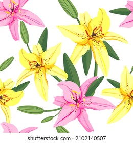 Seamless background with lilies. Pink and yellow lilies in vector
