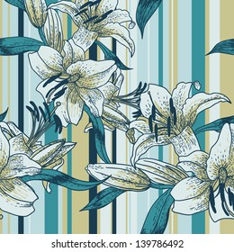 Seamless background with lilies in vintage style on a striped background