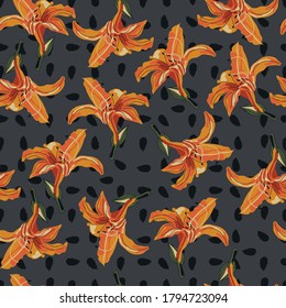 Seamless background with lilys and leaves, vector design for paper and fabric.