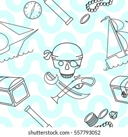 Seamless background with line art pirate theme elements, vector illustration