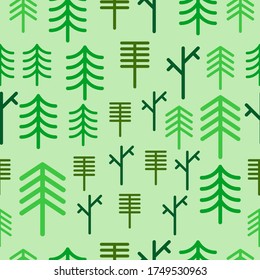 Seamless background with line art tree, vector tree pattern.