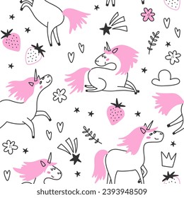 Seamless background with line unicorn with pink mane and cute design elements on white background. Childish or girly concept. Vector illustration.