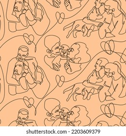 Nahtloser Hintergrund mit linearen Zeichnungen auf buntem Hintergrund. Konturen von Mama, Papa und Hund. Familie, Eltern, Liebe. Geeignet für gedrucktes Papier und Textilerzeugnisse. 
