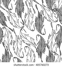 Seamless background with linear feathers on spot background in monochrome colors