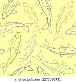 Seamless background with linear stylized drawing of Koi fish. Vector colorful contour fish. Endless pattern with fish