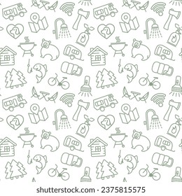 Seamless background with linear symbols of camping and outdoor recreation. Vector Illustration