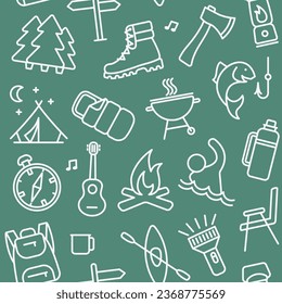Seamless background with linear symbols of hiking and outdoor recreation