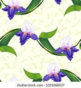 Seamless background with lines of flowers of irises. Dragonflies on backdrop.