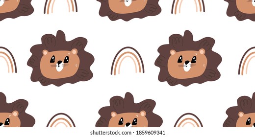 Seamless background with lion head and rainbow. Decorative cute wallpaper for the nursery in the Scandinavian style. Suitable for children's clothing, interior design, packaging, printing.