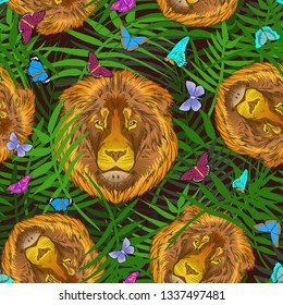 Seamless, background of lion images and flying butterflies on a floral green background. Vector.