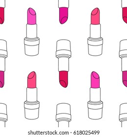 Seamless background with lipsticks on white. Vector seamless
