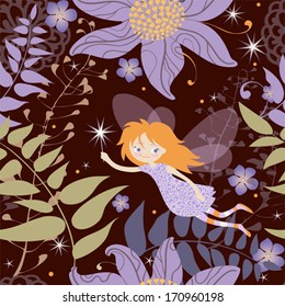 Seamless background. Little fairy with a magic wand flying in the fabulous garden. Vector illustration.