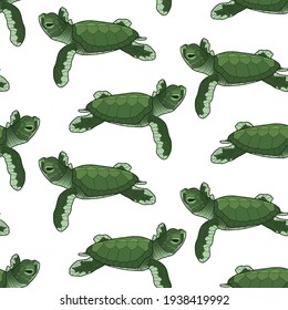 Seamless background. Little green turtles isolated on white background. Realistic design.