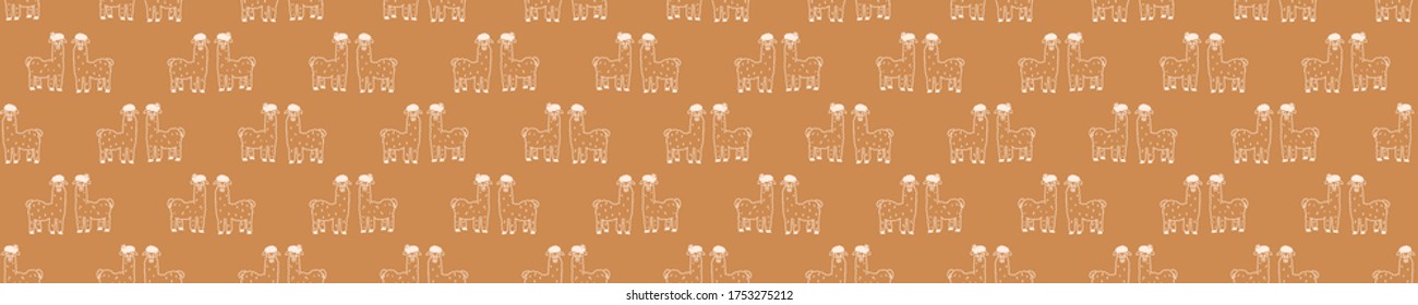 Seamless background llama banner. Gender neutral baby border pattern. Simple whimsical minimal earthy 2 tone color. Kids nursery edging or boho animal fashion ribbon trim.
