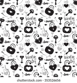 Seamless background. Locks and keys. The theme of love. A heart. Black silhouettes on white. Wallpaper. Background. Printed pattern on the fabric.