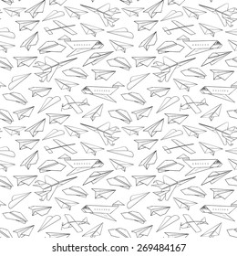 Seamless background with lots of paper planes. Can be used for wallpaper, pattern fills, textile, web page background, surface textures. Vector illustration. 