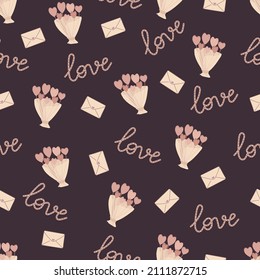 Seamless background with love in chocolate colors. Vector illustration.