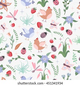 Seamless background with lovely birds, butterflies, bugs, dragonflies, branches, flowers, leaves, strawberries and cherries for your design.