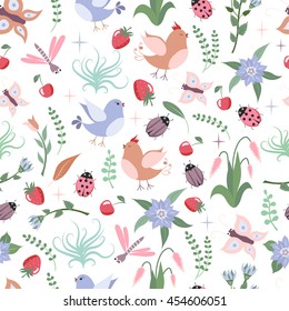 Seamless background with lovely birds, butterflies, bugs, dragonflies, branches, flowers, leaves, strawberries and cherries for your design.