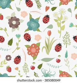 Seamless background with lovely ladybugs, branches, flowers, leaves, strawberries for your design