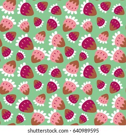 Seamless background of a lovely pattern of sweet strawberry in chocolate on gently-green background