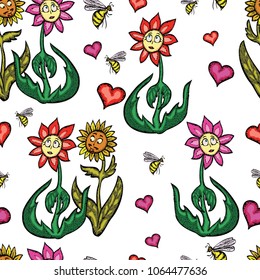 Seamless background of the loving cartoon flowers