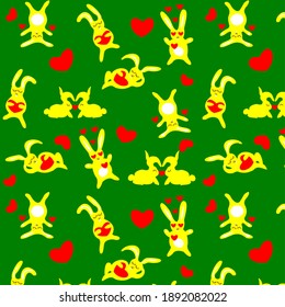 Seamless background with loving hares and rabbits with hearts.