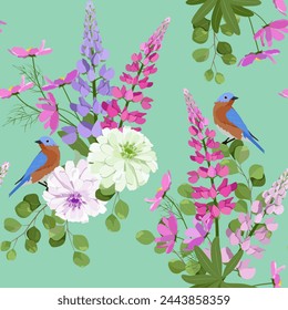 Seamless background with lupine, chrysanthemum and birds on green background. For decoration textile, packaging, wallpaper. Vector illustration.