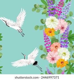 Seamless background with lupine, chrysanthemum and cranes on blue background. For decoration textile, packaging, wallpaper. Vector illustration.