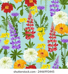 Seamless background with lupine, chrysanthemum, thistle and eucalyptus on blue background. For decoration textile, packaging, wallpaper. Vector illustration.