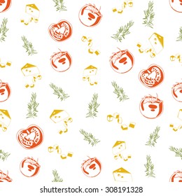 Seamless background made of cheese, rosemary and tomato in linear style