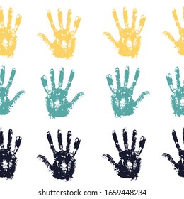 Seamless background made from color handprints. Vector illustration. colored hand prints on white background