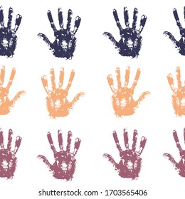 Seamless background made from color handprints.  Endless pattern with multiply effect. colored hand prints on white background