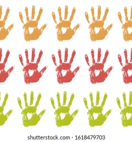 Seamless background made from colored handprints. Vector illustration. Multicolor backdrop for your design.
