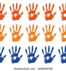 Seamless background made from colored handprints. Endless pattern with multiply effect. colored hand prints on white background