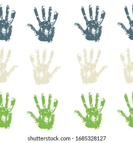 Seamless background made from colored handprints. Endless pattern with multiply effect. colored hand prints on white background