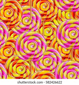 Seamless background made of colorful lollipop candy, isolated on white. Cartoon vector illustration.