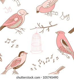 Seamless background made of cute hand-drawn bird doodles