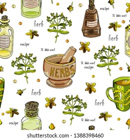 A seamless background made of different apothecary stuff and st john's wort (hypericum perforatum) parts
