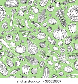 seamless background made of different hand drawn vegetables