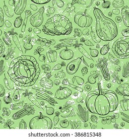 seamless background made of different hand drawn vegetables