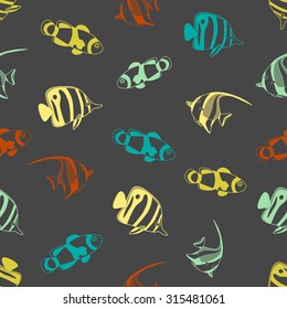Seamless background made of exotic fish in linear style