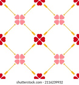 Seamless background made of hearts and arrows. Geometric pattern of pink and red hearts and yellow arrows. Vector pattern for the design of valentine's day holiday materials.