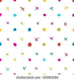 the seamless background made out of dots and crosses / the sketch childish background / the infantile seamless background