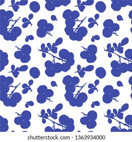 Seamless background made of silhouettes of the branches of the blueberry. Flat style. For decor fabric, paper, Wallpaper, etc. Blue silhouettes on white background.
