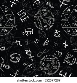 Seamless background with magic symbols and circles on black. Vector illustration with hand drawn elements