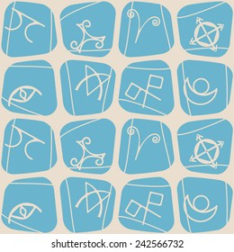 seamless background with magical symbols of the Elves of Fyn for your design (conflict, Veldor, truth, protection, sight, healing, home, wish) 