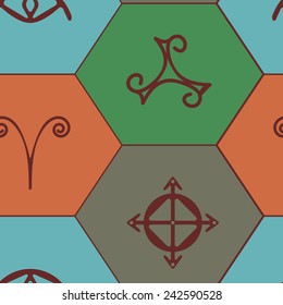 seamless background with magical symbols of the Elves of Fyn for your design (conflict, Veldor, truth, protection, sight, healing, home, wish) 