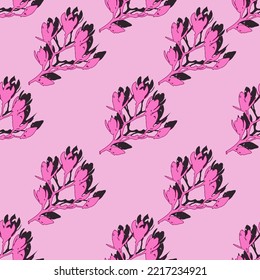 Seamless background with a magnolia branch with beautiful pink flowers. A sprig of Japanese sakura. Floral print design for wallpaper and bed linen. Thai Flower Festival.